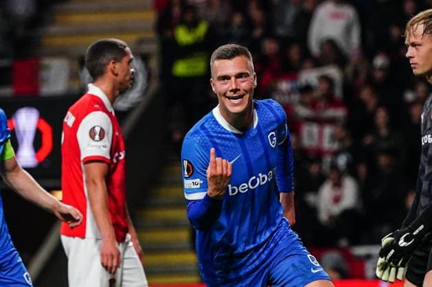 Genk s Daan Heymans celebrates after scoring during a soccer game between Portuguese soccer team SC Braga and Belgian club KRC Genk, on Thursday 06 November 2025, in Braga, fourth game (out of 8) in the league phase of the UEFA Europa League competition. JOMAxGISBERT  x139689752x