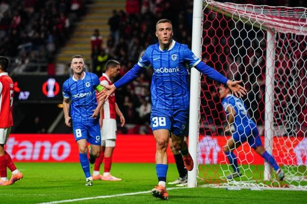 Genk s Daan Heymans celebrates after scoring during a soccer game between Portuguese soccer team SC Braga and Belgian club KRC Genk, on Thursday 06 November 2025, in Braga, fourth game (out of 8) in the league phase of the UEFA Europa League competition. JOMAxGISBERT  x139690055x