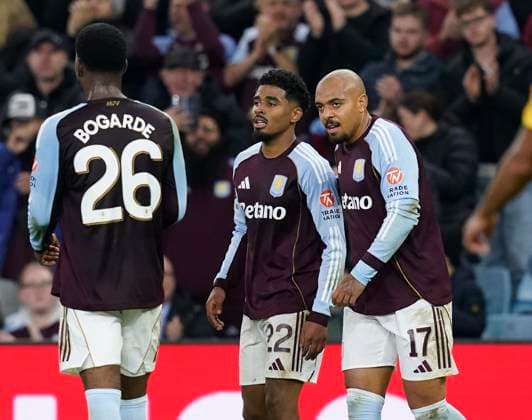 Birmingham, England, 6th November 2025. Ian Maatsen of Aston Villa (c) after scoring the first goal during the Aston Villa vs Maccabi Tel-Aviv FC UEFA Europa League match at Villa Park, Birmingham. Picture credit should read: Andrew Yates Sportimage EDITORIAL USE ONLY. No use with unauthorised audio, video, data, fixture lists, club league logos or live services. Online in-match use limited to 120 images, no video emulation. No use in betting, games or single club league player publications. SPI_053_AY_Villa_Macabbi SPI-4269-0053
