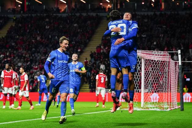 Genk s Daan Heymans celebrates after scoring during a soccer game between Portuguese soccer team SC Braga and Belgian club KRC Genk, on Thursday 06 November 2025, in Braga, fourth game (out of 8) in the league phase of the UEFA Europa League competition. JOMAxGISBERT  x139690432x