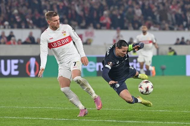 Maximilian MITTELSTAEDT VFB Stuttgart , action,tackle against Anis Hadj MOUSSA Feyenoord Foul Football UEFA Europa League VfB Stuttgart Feyenoord Rotterdam on 06 11 2025 MHP ARENA