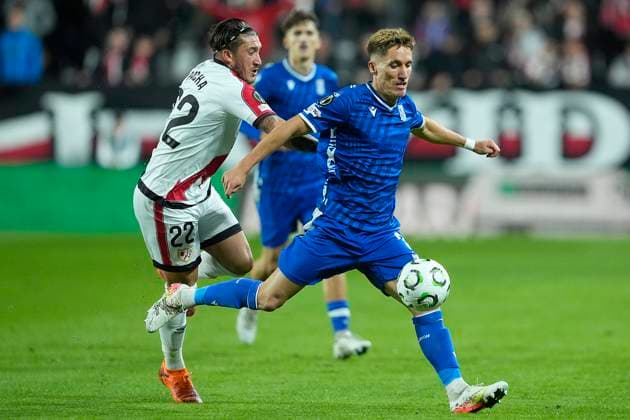RAYO VALLECANO v KKS LECH POZNAN. UEFA EUROPA CONFERENCE LEAGUE 2025 2026. MATCH 3. Rayo Vallecano s Alfonso Espino (l) and KKS Lech Poznan s Joel Pereira during UEFA Europa Conference League 2025 2026 match 3. November 6,2025. (ALTERPHOTOS Acero) MadridSpain  Copyright: xAcerox