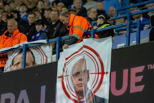 Rangers v Roma Europa League 06 11 2025. Stewards remove the banners with targets on the heads of Rangers Chief Executive Patrick Stewart & Sporting Director Kevin Thelwell that appeared around the ground at half time during the UEFA Europa League Rangers vs AS Roma, Ibrox Stadium, Glasgow, Scotland. 6 November 2025. Govan Ibrox Stadium Glasgow Scotland Editorial use only , Copyright: xColinxPoultneyx PSI-23179-0019