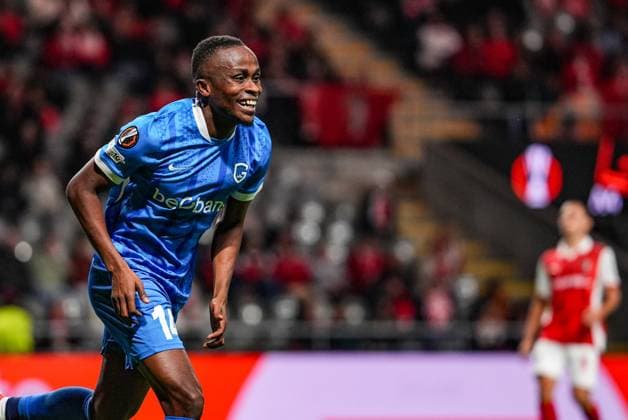 Genk s Yira Sor celebrates after scoring during a soccer game between Portuguese soccer team SC Braga and Belgian club KRC Genk, on Thursday 06 November 2025, in Braga, fourth game (out of 8) in the league phase of the UEFA Europa League competition. JOMAxGISBERT  x139694197x