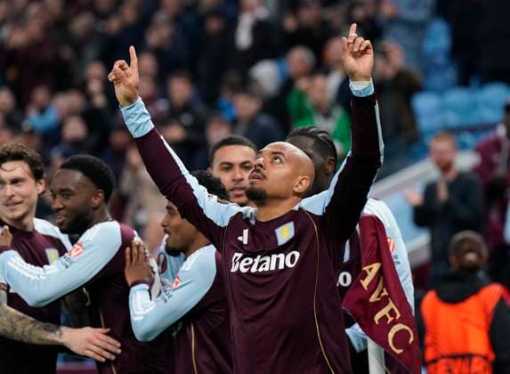 Birmingham, England, 6th November 2025. Donyell Malen of Aston Villa celebrates scoring their second goal during the Aston Villa vs Maccabi Tel-Aviv FC UEFA Europa League match at Villa Park, Birmingham. Picture credit should read: Andrew Yates Sportimage EDITORIAL USE ONLY. No use with unauthorised audio, video, data, fixture lists, club league logos or live services. Online in-match use limited to 120 images, no video emulation. No use in betting, games or single club league player publications. SPI_062_AY_Villa_Macabbi SPI-4269-0062