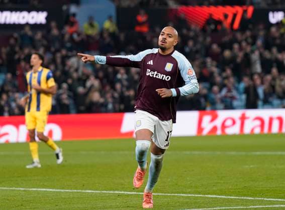 Birmingham, England, 6th November 2025. Donyell Malen of Aston Villa celebrates scoring their second goal during the Aston Villa vs Maccabi Tel-Aviv FC UEFA Europa League match at Villa Park, Birmingham. Picture credit should read: Andrew Yates Sportimage EDITORIAL USE ONLY. No use with unauthorised audio, video, data, fixture lists, club league logos or live services. Online in-match use limited to 120 images, no video emulation. No use in betting, games or single club league player publications. SPI_064_AY_Villa_Macabbi SPI-4269-0064