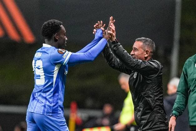 Genk s Yaimar Medina celebrates after scoring during a soccer game between Portuguese soccer team SC Braga and Belgian club KRC Genk, on Thursday 06 November 2025, in Braga, fourth game (out of 8) in the league phase of the UEFA Europa League competition. JOMAxGISBERT  x139698816x