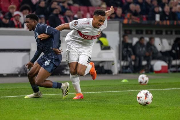 Givairo Read Feyenoord Rotterdam and Jamie Leweling VfB Stuttgart xettx, Germany, Stuttgart, 06 11 2025, Football, UEFA Europa League VfB Stuttgart vs Feyenoord Rotterdam, Season 2025 2026, Match Day 4, MHP Arena