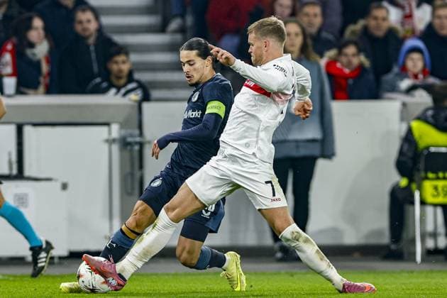 STUTTGART , 06-11-2025 , MHP Arena , season 2025 2026 , UEFA Europa League League phase match between Vfb Stuttgart and Feyenoord , Picture shows Feyenoord player Anis Hadj Moussa and Stuttgart player Maximilian Mittelstadt Stuttgart - Feyenoord  x31893782x Copyright: