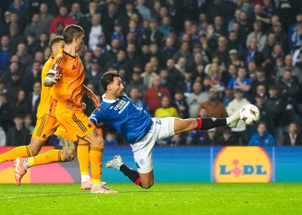 Bojan Miovski of Rangers shoots at goal Rangers v Roma, UEFA Europa League, Group Stage, Football, Ibrox Stadium, Glasgow, Scotland, UK - 06 Nov 2025Glasgow Ibrox Scotland United Kingdom EDITORIAL USE ONLY No use with unauthorised audio, video, data, fixture lists, club league logos or live services. Online in-match use limited to 120 images, no video emulation. No use in betting, games or single club league player publications. Copyright: xStuartxWallace Shutterstockx 15642261ap