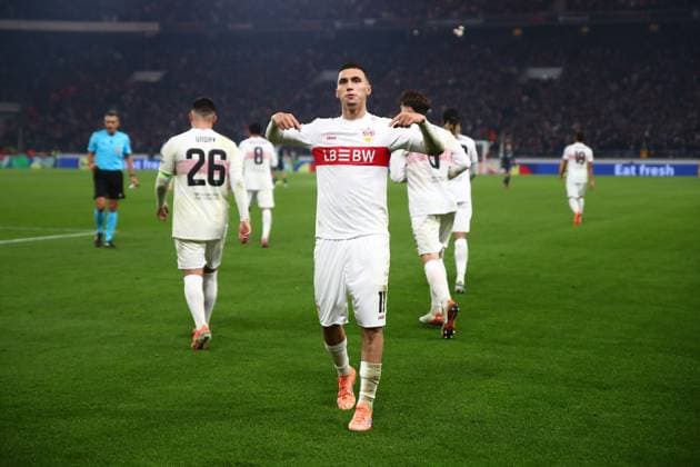 06 11 2025, xmohx, Football UEFA Europa League, VfB Stuttgart Feyernoord Rotterdam v l Torjubel nach dem Tor zum celebrating the goal celebrate 1 0 durch Bilal El Khannouss VfB Stuttgart DFL DFB REGULATIONS PROHIBIT ANY USE OF PHOTOGRAPHS as IMAGE SEQUENCES and or QUASI VIDEO Stuttgart