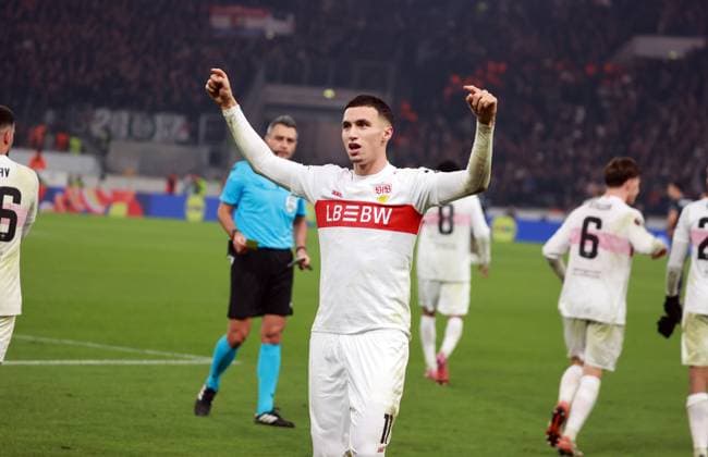 06 11 25 VfB Stuttgart Feyenoord Rotterdam Germany, Stuttgart, 06 11 2025, Football, UEFA Europa League, Season 2025 2026, VfB Stuttgart Feyenoord Rotterdam Bilal El Khannouss VfB Stuttgart Jubel Tor 1 0 Khannouss