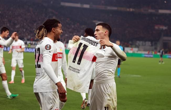 06 11 25 VfB Stuttgart Feyenoord Rotterdam Germany, Stuttgart, 06 11 2025, Football, UEFA Europa League, Season 2025 2026, VfB Stuttgart Feyenoord Rotterdam Bilal El Khannouss VfB Stuttgart Jubel Tor 1 0 Khannouss