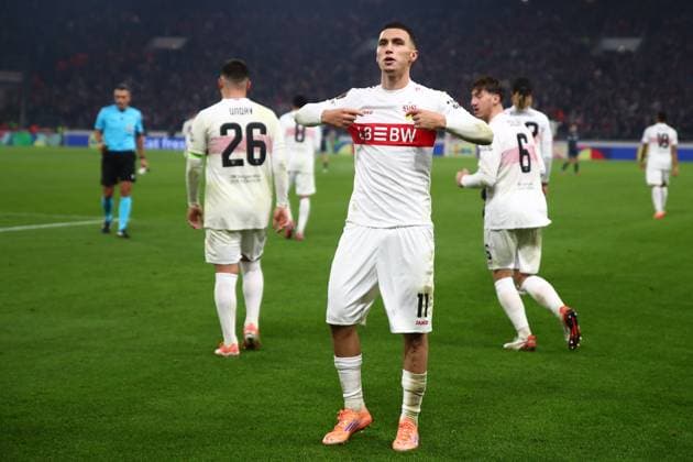 06 11 2025, xmohx, Football UEFA Europa League, VfB Stuttgart Feyernoord Rotterdam v l Torjubel nach dem Tor zum celebrating the goal celebrate 1 0 durch Bilal El Khannouss VfB Stuttgart DFL DFB REGULATIONS PROHIBIT ANY USE OF PHOTOGRAPHS as IMAGE SEQUENCES and or QUASI VIDEO Stuttgart
