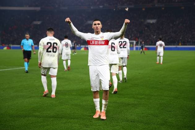 06 11 2025, xmohx, Football UEFA Europa League, VfB Stuttgart Feyernoord Rotterdam v l Torjubel nach dem Tor zum celebrating the goal celebrate 1 0 durch Bilal El Khannouss VfB Stuttgart DFL DFB REGULATIONS PROHIBIT ANY USE OF PHOTOGRAPHS as IMAGE SEQUENCES and or QUASI VIDEO Stuttgart