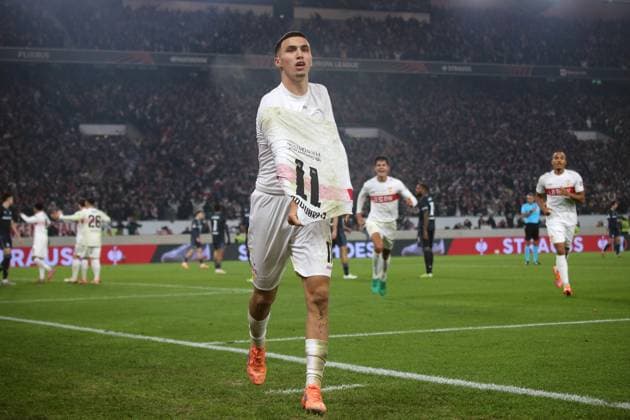 06 11 2025, xmohx, Football UEFA Europa League, VfB Stuttgart Feyernoord Rotterdam v l Torjubel nach dem Tor zum celebrating the goal celebrate 1 0 durch Bilal El Khannouss VfB Stuttgart DFL DFB REGULATIONS PROHIBIT ANY USE OF PHOTOGRAPHS as IMAGE SEQUENCES and or QUASI VIDEO Stuttgart