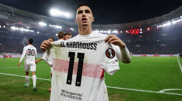 Stuttgart , Football UEFA Europa League VfB Stuttgart vs Feyenoord Rotterdam , Scorer Bilal El Khannouss VfB celebrates with his jersey over his goal for 1 0