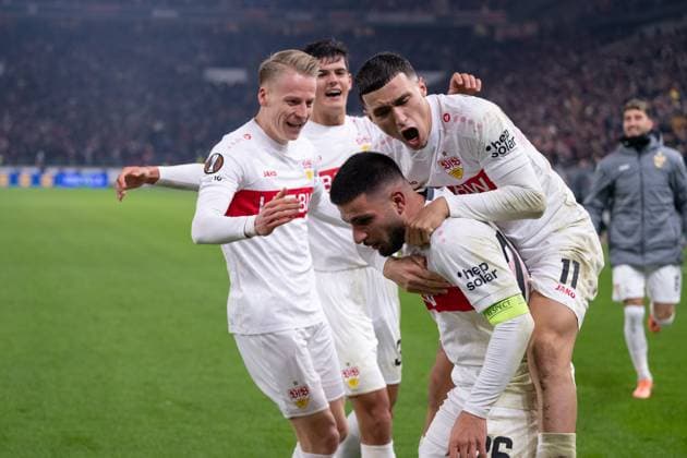 Goal for 2 0 by Deniz Undav VfB Stuttgart 26 , cheers, goal celebration, celebrates his goal with Chris Fuehrich VfB Stuttgart, 10 , Bilal El Khannouss VfB Stuttgart, 11 GER, VfB Stuttgart vs Feyenoord Rotterdam, football, UEFA Europa League, Men, Matchday 4, Season 2025 2026, 06 11 2025, GER, VfB Stuttgart vs Feyenoord Rotterdam, Football, UEFA Europa League, Men, Matchday 4, Season 2025 2026, 06 11 2025 Stuttgart Copyright: xEibner-Pressefoto WolfgangxFrankx EP_WFK