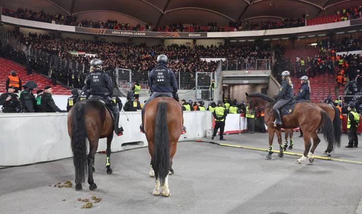 Stuttgart , Football UEFA Europa League VfB Stuttgart vs Feyenoord Rotterdam , Police at the fans from Rotterdam with horses