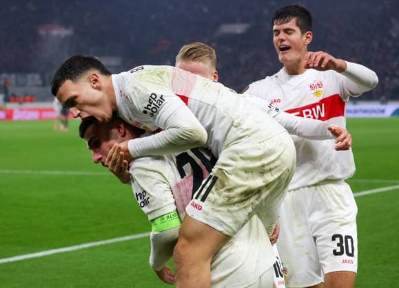 Stuttgart , soccer UEFA Europa League VfB Stuttgart against Feyenoord Rotterdam, from left scorer Deniz Undav VfB , Bilal El Khannouss, Chris Führich and Chema Andres celebrate the 2-0 goal
