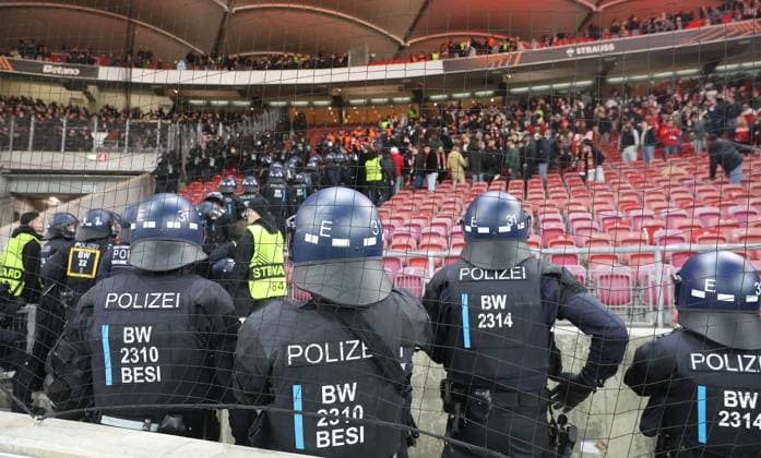 Stuttgart , Football UEFA Europa League VfB Stuttgart vs Feyenoord Rotterdam , Police at the fans from Rotterdam