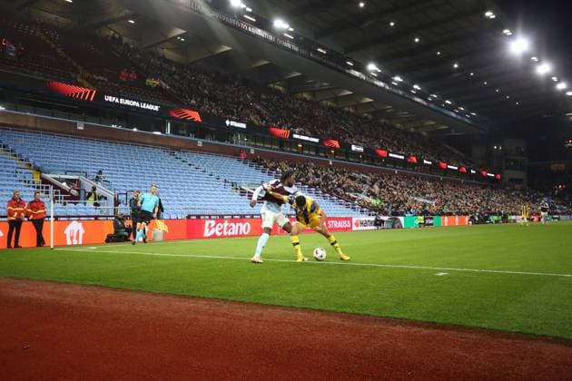 Aston Villa gegen Maccabi Tel Aviv 06 November 2025, Aston UEFA EUROPA League Fußball Aston Villa gegen Maccabi Tel Aviv FC Eine Gesamtansicht GV der leeren Sitze im Auswärtsbereich im Villa Park Foto Charlotte Wilson Abseits Aston UK  Copyright: xCharlottexWilsonx xOffsidexOffside