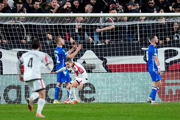November 6, 2025, Madrid, Madrid, SPAIN: Jorge de Frutos of Rayo Vallecano celebrates a goal during the UEFA Conference League 2025 26 League Phase MD3 match between Rayo Vallecano de Madrid and KKS Lech Poznan at Estadio Vallecas on November 06, 2025 in Madrid, Spain. Madrid SPAIN - ZUMAa181 20251106_zaa_a181_141 Copyright: xDennisxAgyemanx