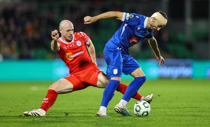 UEFA Europa Conference League Group Phase, Tallaght Stadium, Dublin 6 11 2025 Shelbourne vs Drita Shelbourne s Kerr McInroy and Albert Dabiqaj of Drita Kerr McInroy and Albert Dabiqaj 6 11 2025  Copyright: x INPHO RyanxByrnex RB1_4322
