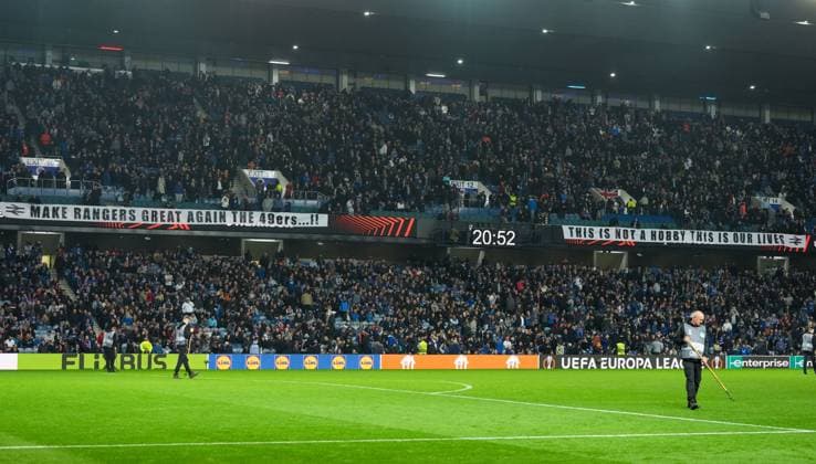Rangers fans banners in the Sandy Jardine Stand. Rangers v Roma, UEFA Europa League, Group Stage, Football, Ibrox Stadium, Glasgow, Scotland, UK - 06 Nov 2025Glasgow Ibrox Scotland United Kingdom EDITORIAL USE ONLY No use with unauthorised audio, video, data, fixture lists, club league logos or live services. Online in-match use limited to 120 images, no video emulation. No use in betting, games or single club league player publications. Copyright: xStuartxWallace Shutterstockx 15642261bs