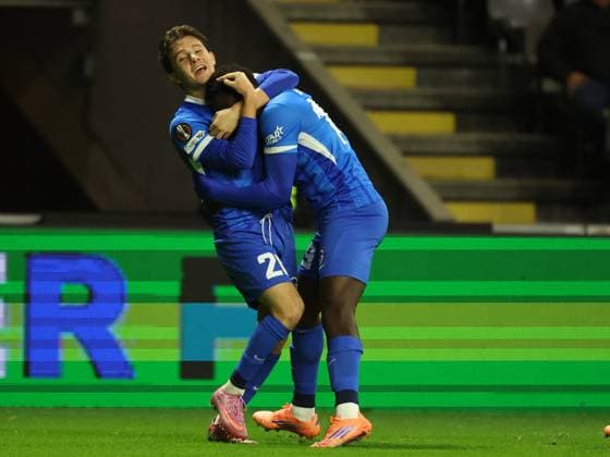 Sporting de Braga-Genk-EuropaLeague-Matchday 4-6-11-2025 Konstantinos Karetsas of KRC Genk and Yaimar Medina of KRC Genk celebdrates your goal i in action during the UEFA Europe League, Phase League, Matchday 4, between Sporting Club de Braga and KRC Genk at Stadium Municipal of Braga on November 6, 2025 in Braga (Portugal) (Photo by Luis de la Mata SportPix Sipa USA) Braga Stadium Municipal of Braga Braga Portugal Copyright: xLuisxdexlaxMatax xsportPix.org.ux