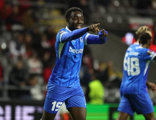 Sporting de Braga-Genk-EuropaLeague-Matchday 4-6-11-2025 Yaimar Medina of KRC Genk celebrates your goal in action during the UEFA Europe League, Phase League, Matchday 4, between Sporting Club de Braga and KRC Genk at Stadium Municipal of Braga on November 6, 2025 in Braga (Portugal) (Photo by Luis de la Mata SportPix Sipa USA) Braga Stadium Municipal of Braga Braga Portugal Copyright: xLuisxdexlaxMatax xsportPix.org.ux