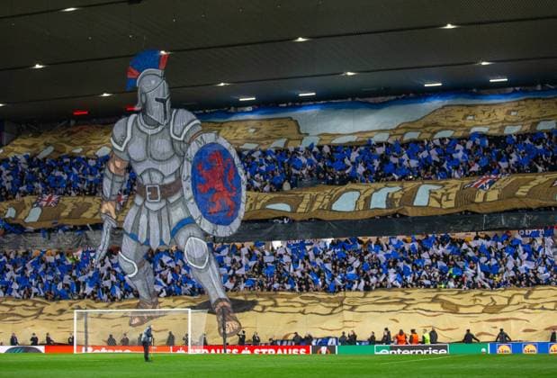 6th November 2025; Ibrox Stadium, Glasgow, Scotland; UEFA Europa League Football, Rangers versus Roma; Rangers fan display inspired by Gladiators  VagelisxGeorgariou