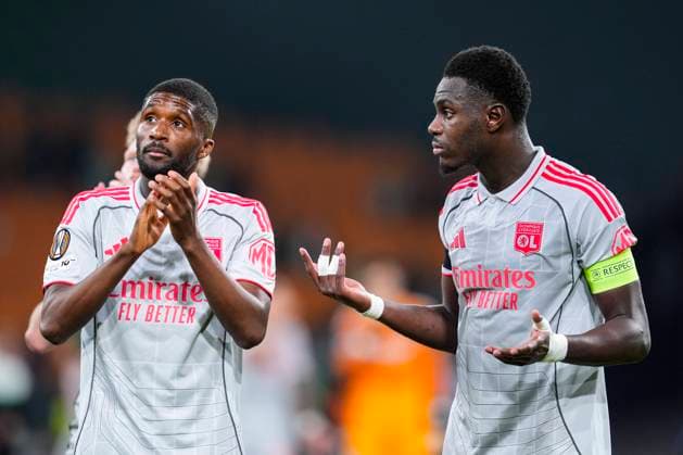 November 6, 2025, Sevilla, Sevilla, SPAIN: Clinton Mata and Moussa Niakhate of Olympique de Lyon gestures during the UEFA Europa League, football match played between Real Betis and Olympique de Lyon at La Cartuja stadium on November 6, 2025, in Sevilla, Spain. Sevilla SPAIN - ZUMAa181 20251106_zaa_a181_166 Copyright: xJoaquinxCorcherox