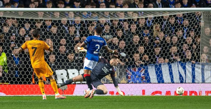 6th November 2025; Ibrox Stadium, Glasgow, Scotland; UEFA Europa League Football, Rangers versus Roma; Lorenzo Pellegrini of AS Roma shoots and scores in the 36th minute to make it 2-0 to Roma  VagelisxGeorgariou