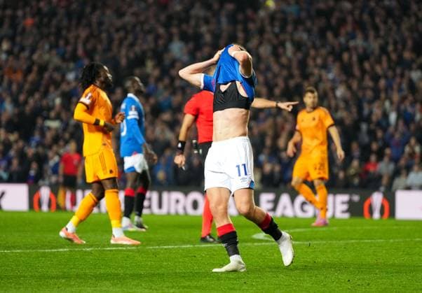 Thelo Aasgaard of Rangers reacts after missing a scoring opportunity. Rangers v Roma, UEFA Europa League, Group Stage, Football, Ibrox Stadium, Glasgow, Scotland, UK - 06 Nov 2025Glasgow Ibrox Scotland United Kingdom EDITORIAL USE ONLY No use with unauthorised audio, video, data, fixture lists, club league logos or live services. Online in-match use limited to 120 images, no video emulation. No use in betting, games or single club league player publications. Copyright: xStuartxWallace Shutterstockx 15642261cg