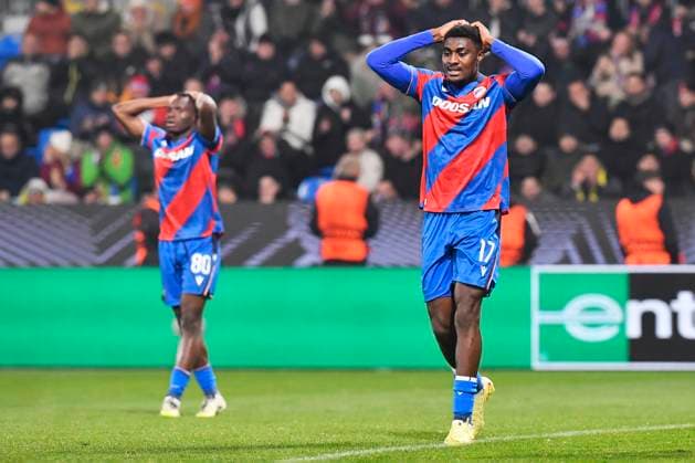 From left Princ Adu and Rafiu Durosinmi of Plzen react during the Football Europa League 4th round match Viktoria Plzen vs Fenerbahce Istanbul in Pilsen, Czech Republic, November 6, 2025. (CTKxPhoto MiroslavxChaloupka) CTKPhotoP2025110610549  CTKPhotoP2025110610549