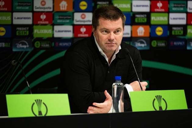 251106 Head coach Jens Gustafsson during the press conference after the UEFA Conference League football match between Häcken and Strasbourg on November 6, 2025 in Gothenburg Photo Mathias Bergeld BILDBYRAN kod MB MB1234 fotboll football soccer fotball uefa conference league conference league häcken strasbourg bbeng  Copyright: MATHIASxBERGELD BB251106MB108