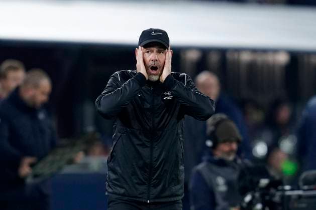 Head Coach Freyr Alexandersson (SK Brann) looks dejected, UEFA Europa League 2025 26 League Phase MD4, Bologna FC 1909 v SK Brann, Stadio Renato Dall Ara, November 6, 2025, Bologna, Italy.