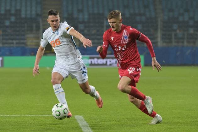 Lublin 06.11.2025 pilka nozna Liga Konferencji Europy sezon 2025 2026 runda 3 Dynamo Kijow - Zrinjski Mostar Football UEFA Conference League season 2025 2026 round 3 match Dinamo Kyiv - Zrinjski Mostar Nz. Oleksandr Tymchyk Jakov Pranjic Fot. Wojciech Szubartowski arena akcji NEWSPIX.PL --- newspix.pl 