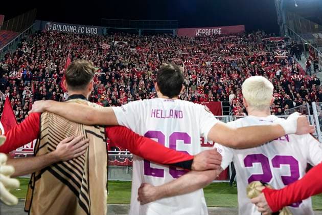 . SK Brann supporters thank the players at the end of the match, UEFA Europa League 2025 26 League Phase MD4, Bologna FC 1909 v SK Brann, Stadio Renato Dall Ara, November 6, 2025, Bologna, Italy.
