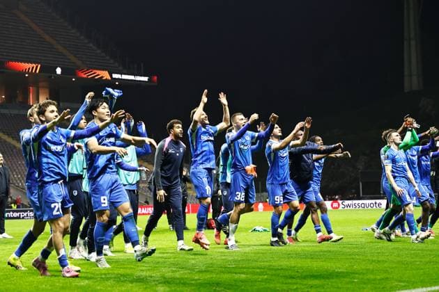 KRC Genk team group, Mannschaftsbild, Totale (Genk), NOVEMBER 6, 2025 - Football Soccer : KRC Genk team group celebrate after winning UEFA Europa League league phase match day 4 between SC Braga - KRC Genk at the Estadio Municipal de Braga in Braga, Portugal. Noxthirdxpartyxsales  aflo_309577116