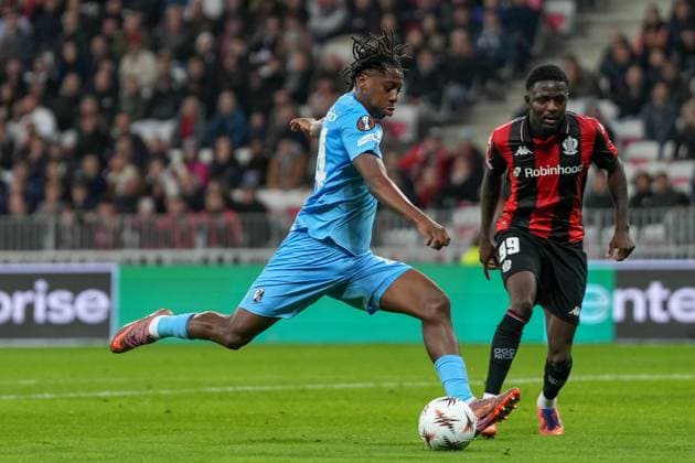 Johan Manzambi SC Freiburg, 44 scores a goal, Goal , France, Football, UEFA Europa League, Matchday 4, League stage, 2025 2026, OGC Nice vs SC Freiburg, 06 11 2025, Allianz Riviera, Nice, France Nice Allianz Riviera Provence Alpes Côte d Azur, CÃ France Copyright: xArnexAmbergx