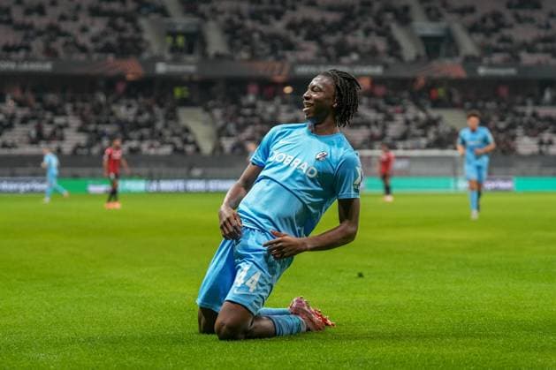 Johan Manzambi SC Freiburg, 44 Goal celebration, Emotions, Goal shot, Goal, Goal, Goal, France, Football, UEFA Europa League, Matchday 4, League phase, 2025 2026, OGC Nice vs SC Freiburg, 06 11 2025, Allianz Riviera, Nice, France Nice Allianz Riviera Provence Alpes Côte d Azur, Cô France Copyright: xArnexAmbergx