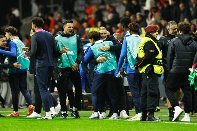 Thorsten Fink (Genk), NOVEMBER 6, 2025 - Football Soccer : Thorsten Fink celebrate after winning UEFA Europa League league phase match day 4 between SC Braga - KRC Genk at the Estadio Municipal de Braga in Braga, Portugal. Noxthirdxpartyxsales  aflo_309588040