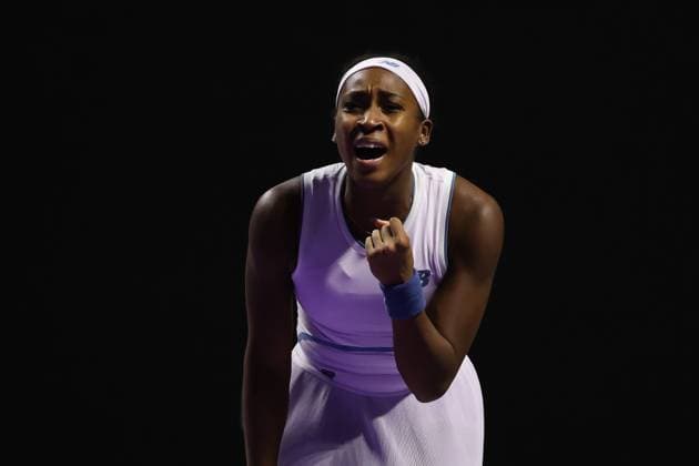 (251107) -- RIYADH, Nov. 7, 2025 -- Coco Gauff of the United States celebrates scoring during the round robin match against Aryna Sabalenka of Belarus at WTA, Tennis Damen Finals tennis tournament in Riyadh, Saudi Arabia, Nov. 6, 2025. ) (SP)SAUDI ARABIA-RIYADH-TENNIS-WTA FINALS LuoxChen 