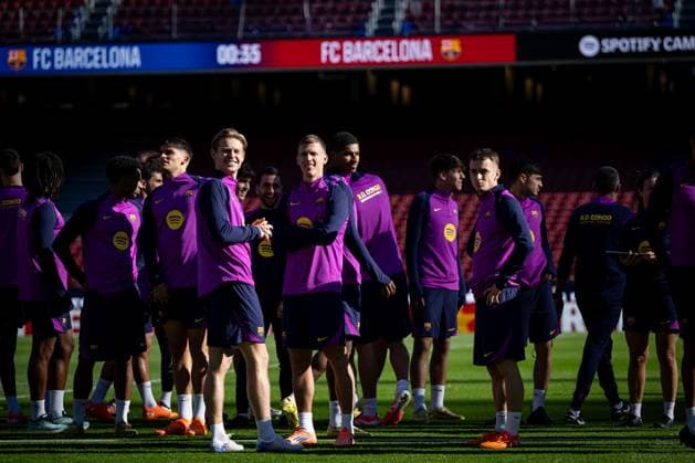Frankie De Jong FC Barcelona and Dani Olmo FC Barcelona are seen during FC Barcelona™s first training at Spotify Camp Nou following its renovation At Spotify Camp Nou in Barcelona, , Spain, on November 07 2025 Photo by Felipe Mondino Copyright: x@FELIPExMONDINOx
