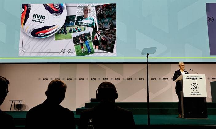 Silke Raml, Vice-President of the Bavarian Football Association BFV , speaks at the German Football Association DFB Bundestag on November 7, 2025 at the DFB Campus in Frankfurt am Main
