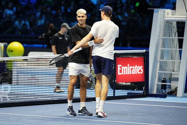Jannik Sinner (Italia) and Carlos Alcaraz (Spain) hug after practice on the central field of the Inalpi Arena Turin, Italy, where the ATP, Tennis Herren Finals will begin on Sunday, Nov. 9 - - Friday, November 7, 2024.  Copyright: xMarcoxAlpozzi LaPressex