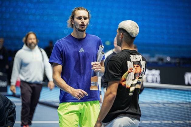 Alexander Zverev (Germany) and Carlos Alcaraz (Spain) after practice on the central court of the Inalpi Arena Turin, Italy, where the ATP, Tennis Herren Finals will begin on Sunday, Nov. 9 - - Friday, November 7, 2024.  Copyright: xMarcoxAlpozzi LaPressex