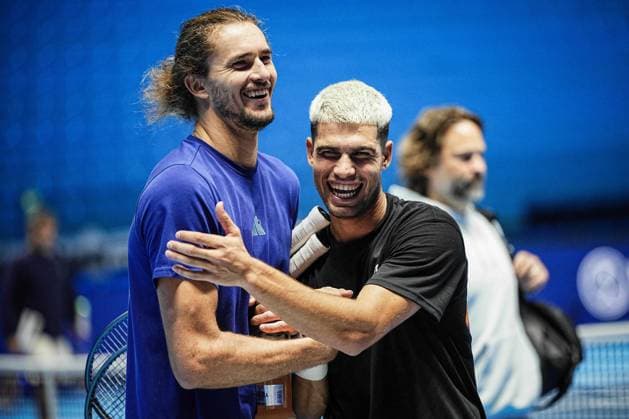 Alexander Zverev (Germany) and Carlos Alcaraz (Spain) after practice on the central court of the Inalpi Arena Turin, Italy, where the ATP, Tennis Herren Finals will begin on Sunday, Nov. 9 - - Friday, November 7, 2024.  Copyright: xMarcoxAlpozzi LaPressex
